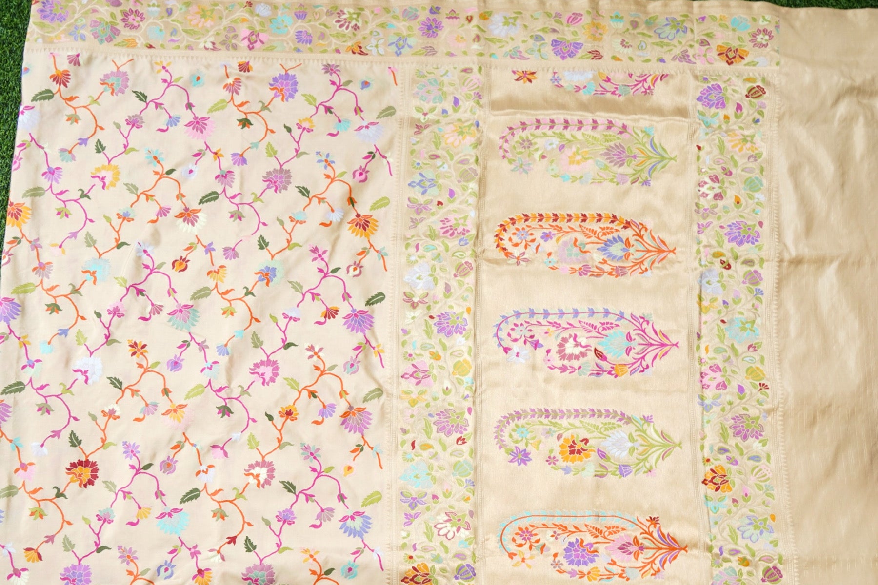 Pure Silk Jangla Meenakari Banarasi Saree in Cream Ivory