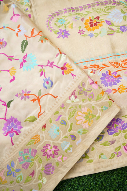 Pure Silk Jangla Meenakari Banarasi Saree in Cream Ivory