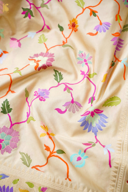 Pure Silk Jangla Meenakari Banarasi Saree in Cream Ivory