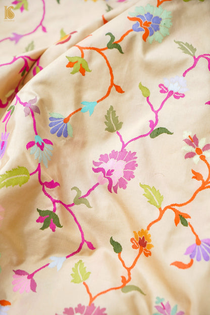Pure Silk Jangla Meenakari Banarasi Saree in Cream Ivory
