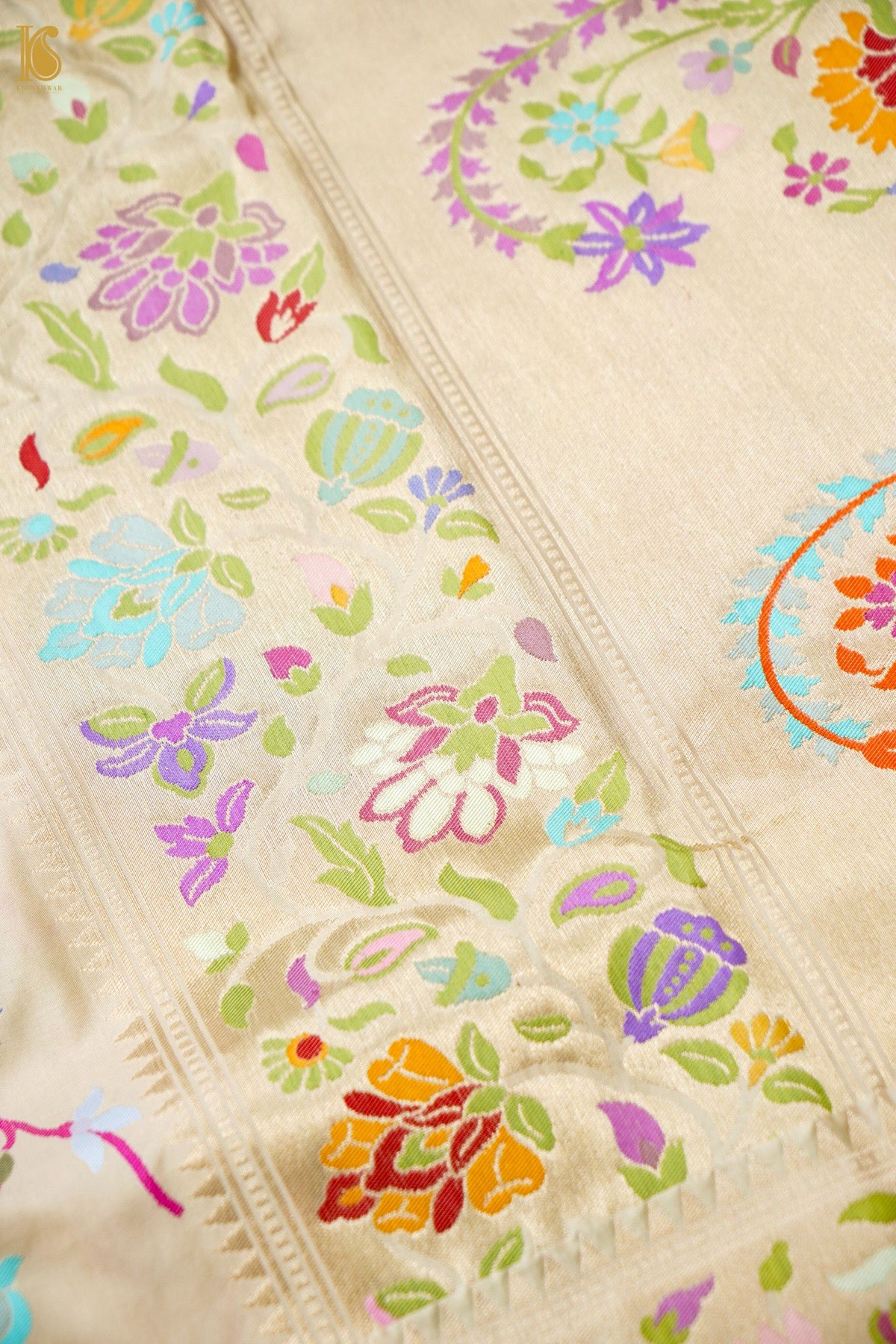 Pure Silk Jangla Meenakari Banarasi Saree in Cream Ivory
