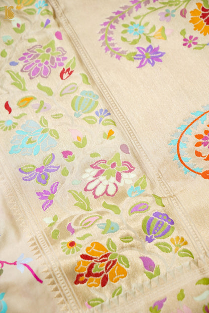 Pure Silk Jangla Meenakari Banarasi Saree in Cream Ivory