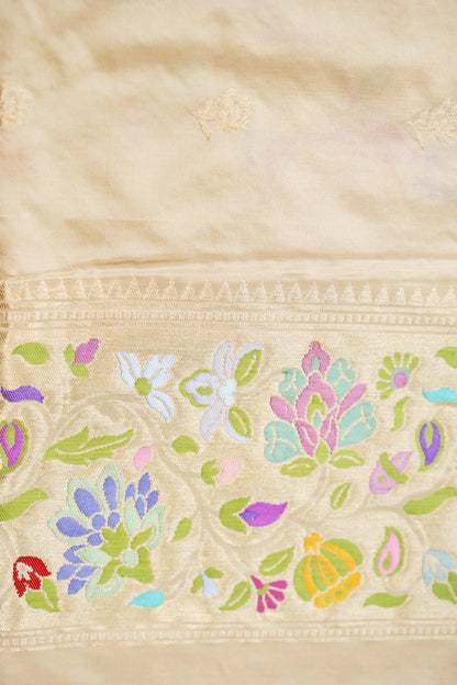 Pure Silk Jangla Meenakari Banarasi Saree in Cream Ivory