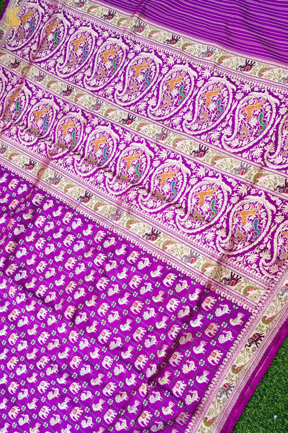 Pure Katan Silk Shikargah Charkhana Animal Motif Banarasi Saree in Deep Magenta