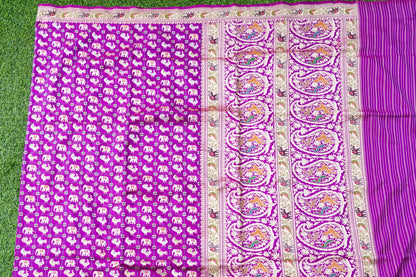 Pure Katan Silk Shikargah Charkhana Animal Motif Banarasi Saree in Deep Magenta