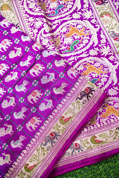 Pure Katan Silk Shikargah Charkhana Animal Motif Banarasi Saree in Deep Magenta