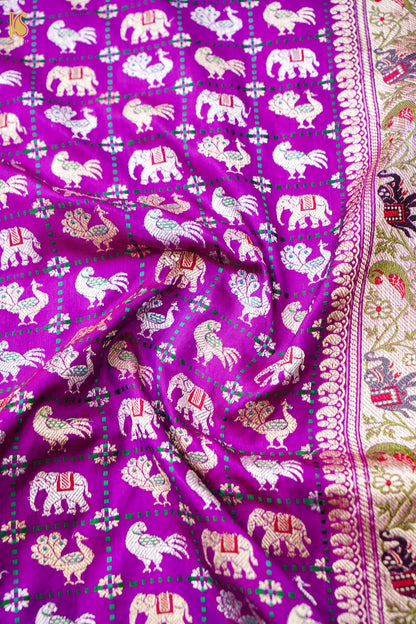 Pure Katan Silk Shikargah Charkhana Animal Motif Banarasi Saree in Deep Magenta