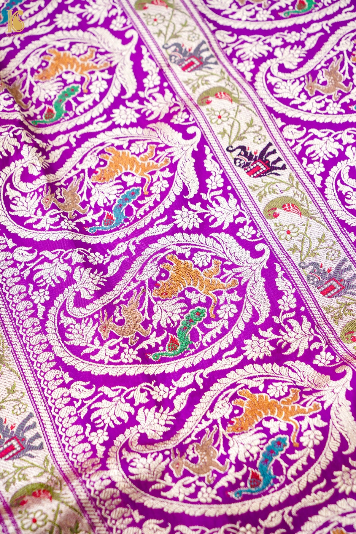 Pure Katan Silk Shikargah Charkhana Animal Motif Banarasi Saree in Deep Magenta