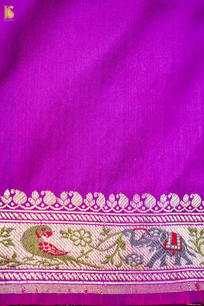 Pure Katan Silk Shikargah Charkhana Animal Motif Banarasi Saree in Deep Magenta