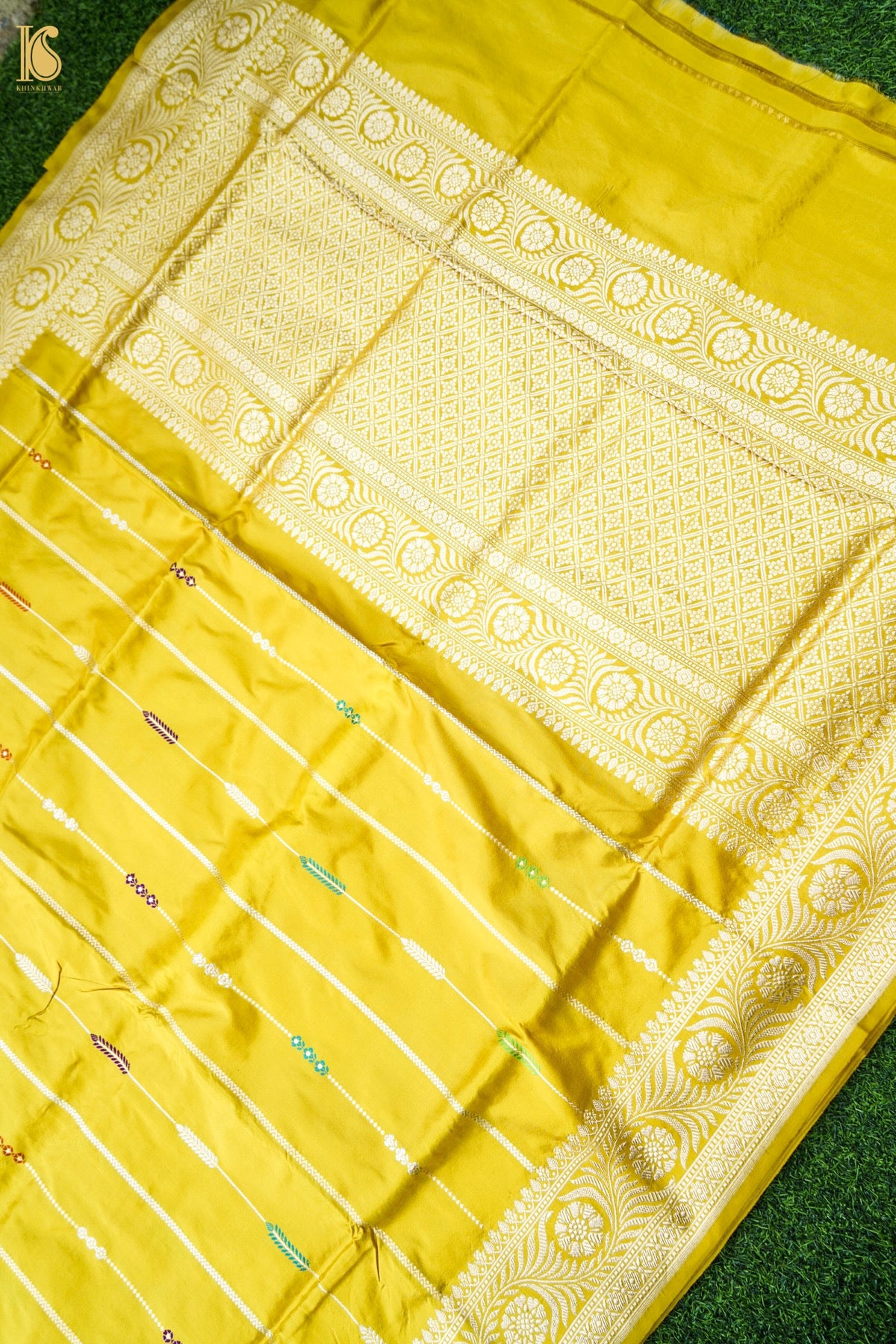 Pure Katan Silk Kadwa Guldaudi Bel Banarasi Saree in Marigold Yellow