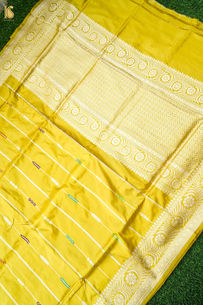 Pure Katan Silk Kadwa Guldaudi Bel Banarasi Saree in Marigold Yellow