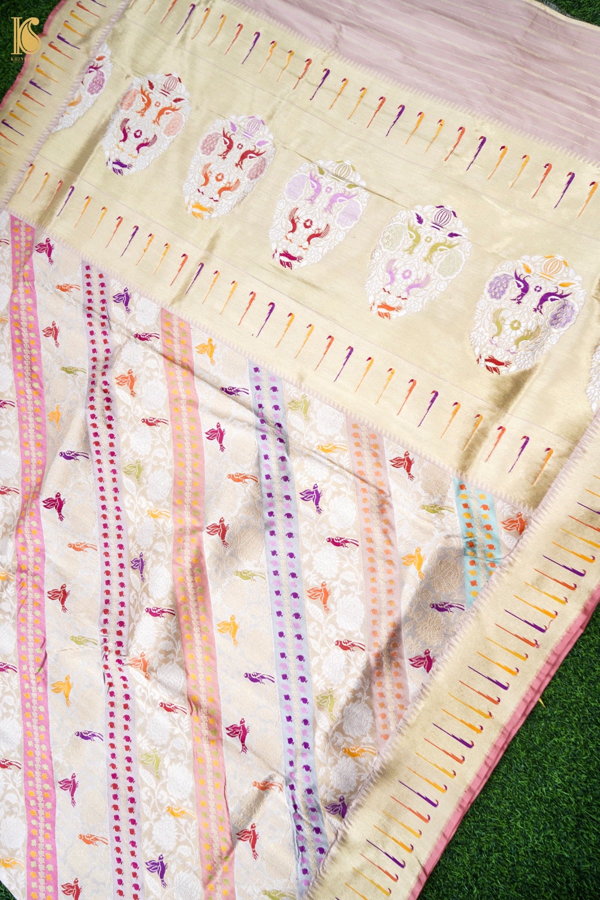 Pure Katan Silk Rangkat Meenakari Parrot Buti Banarasi Saree in Ivory