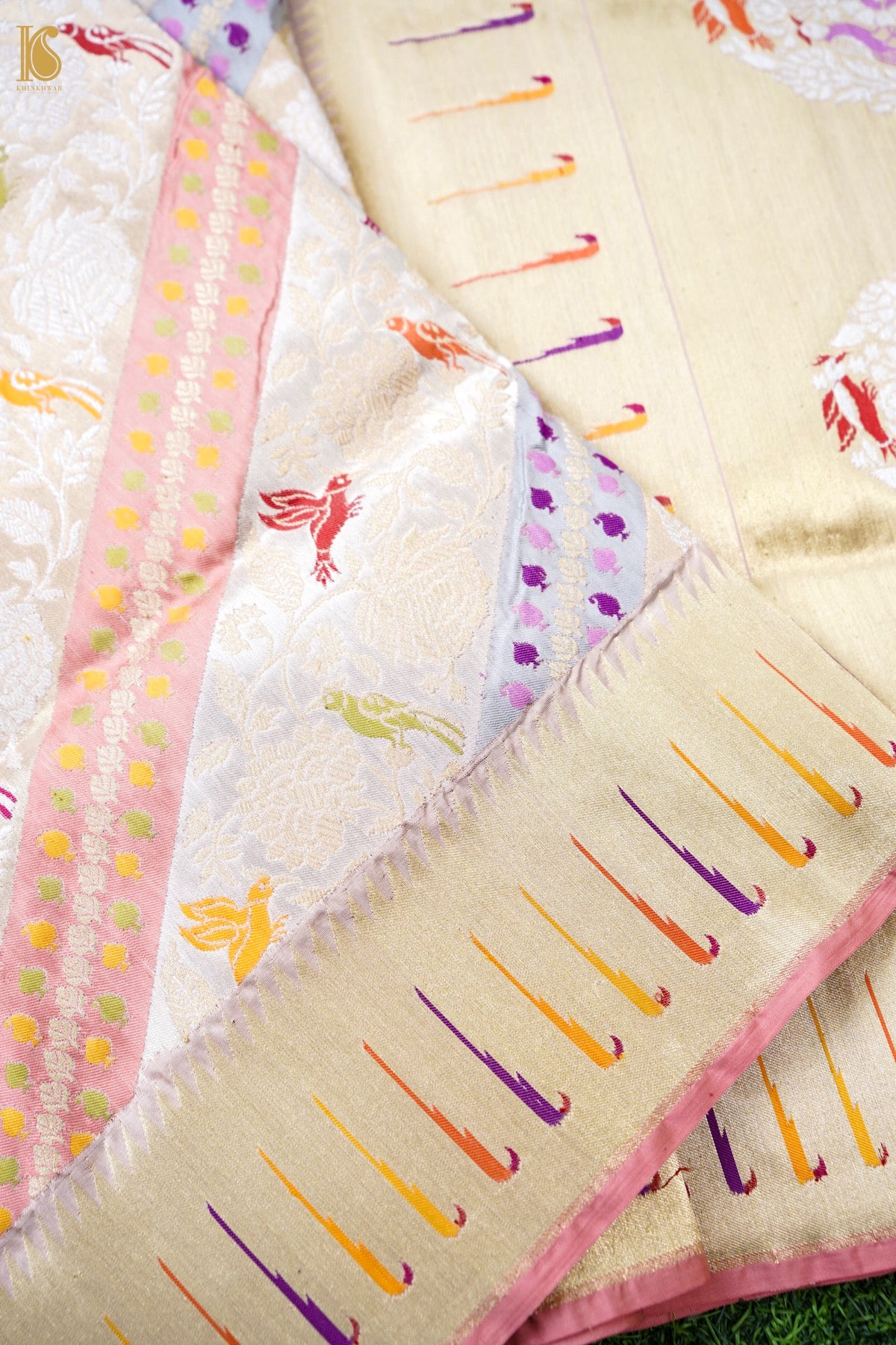 Pure Katan Silk Rangkat Meenakari Parrot Buti Banarasi Saree in Ivory