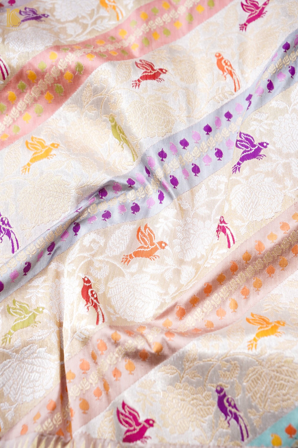 Pure Katan Silk Rangkat Meenakari Parrot Buti Banarasi Saree in Ivory