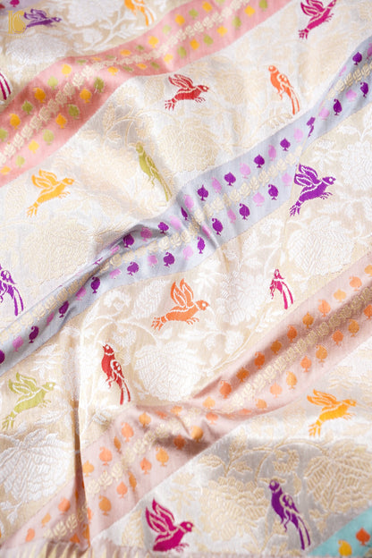 Pure Katan Silk Rangkat Meenakari Parrot Buti Banarasi Saree in Ivory
