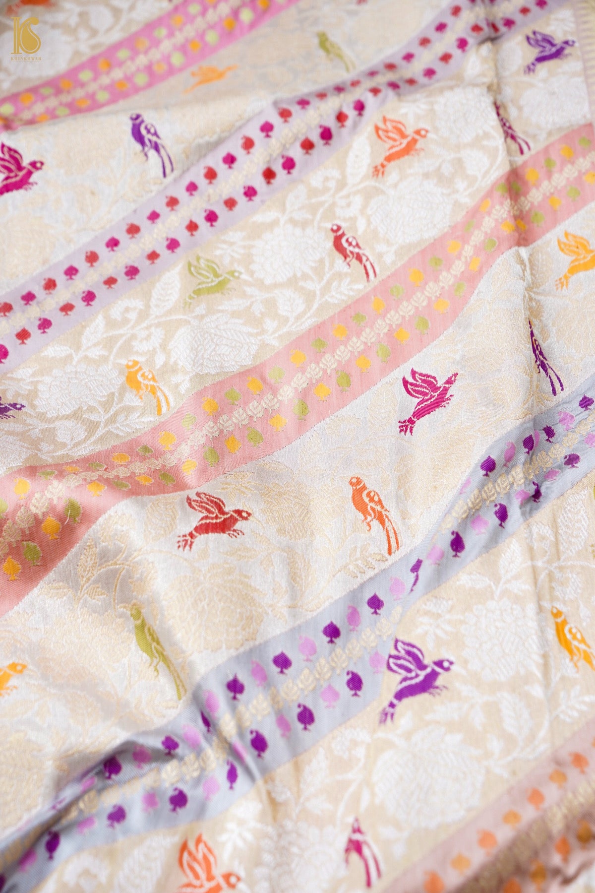 Pure Katan Silk Rangkat Meenakari Parrot Buti Banarasi Saree in Ivory