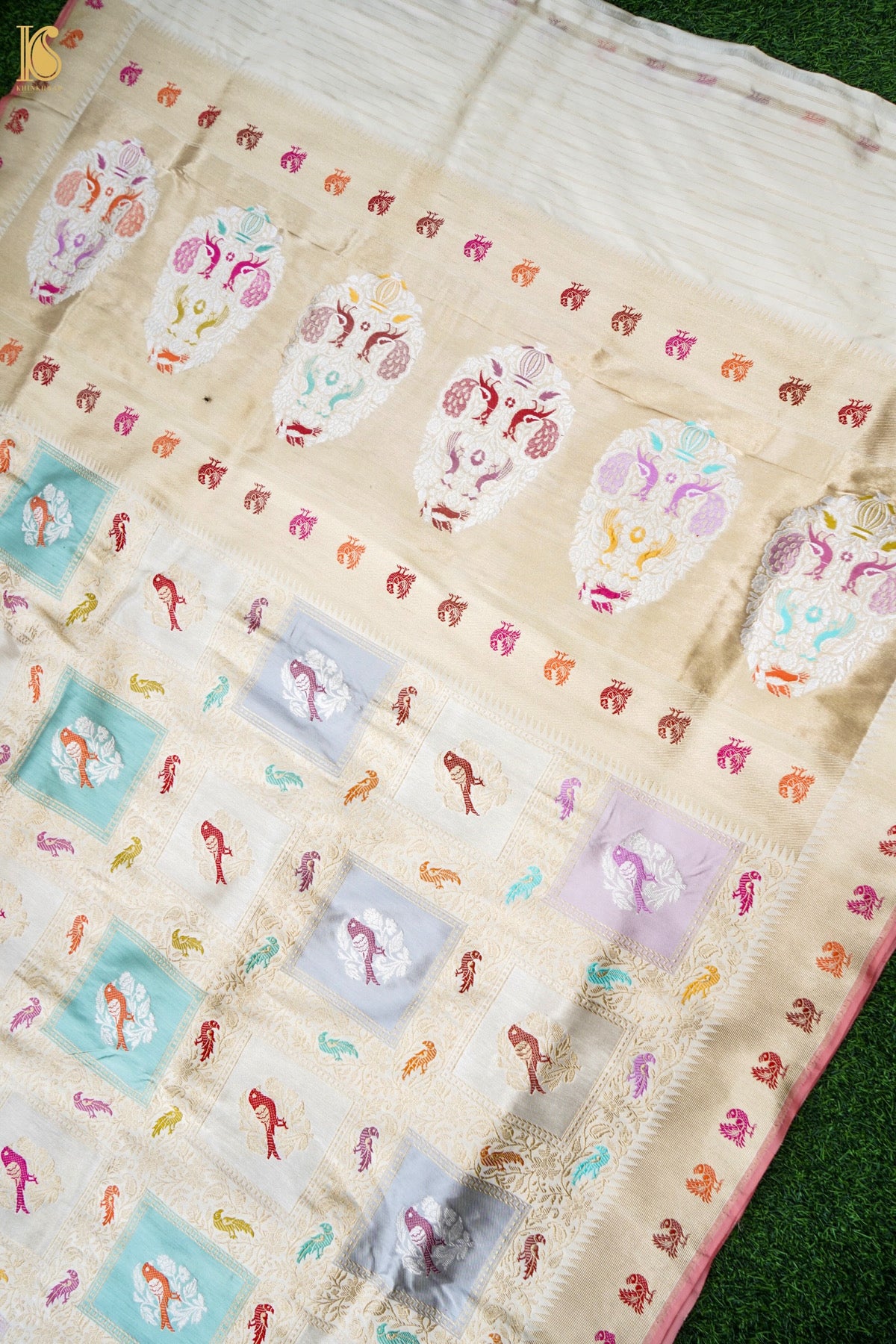 Pure Katan Silk Rangkat Meenakari Parrot Buti Banarasi Saree in Lilac Ivory