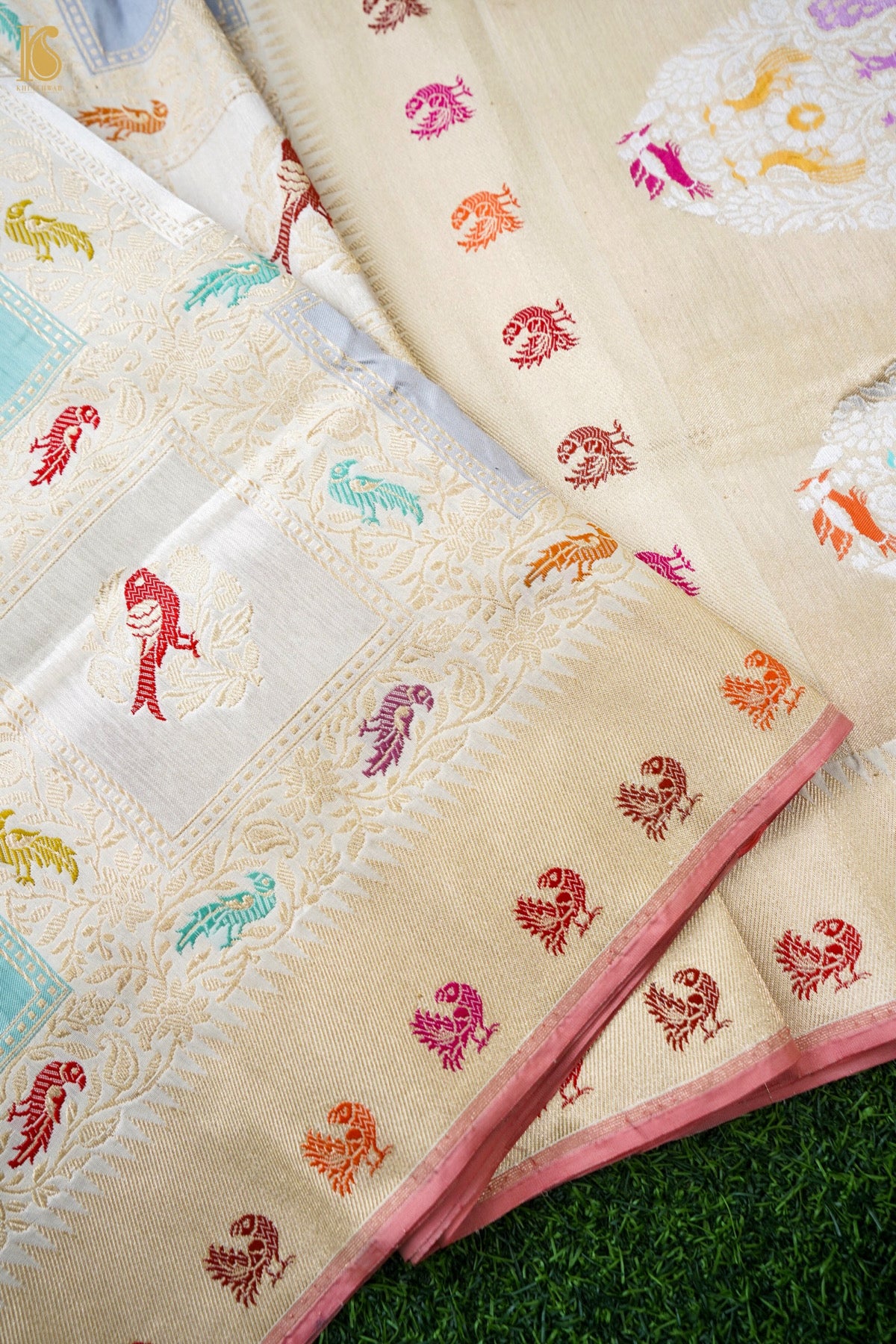 Pure Katan Silk Rangkat Meenakari Parrot Buti Banarasi Saree in Lilac Ivory