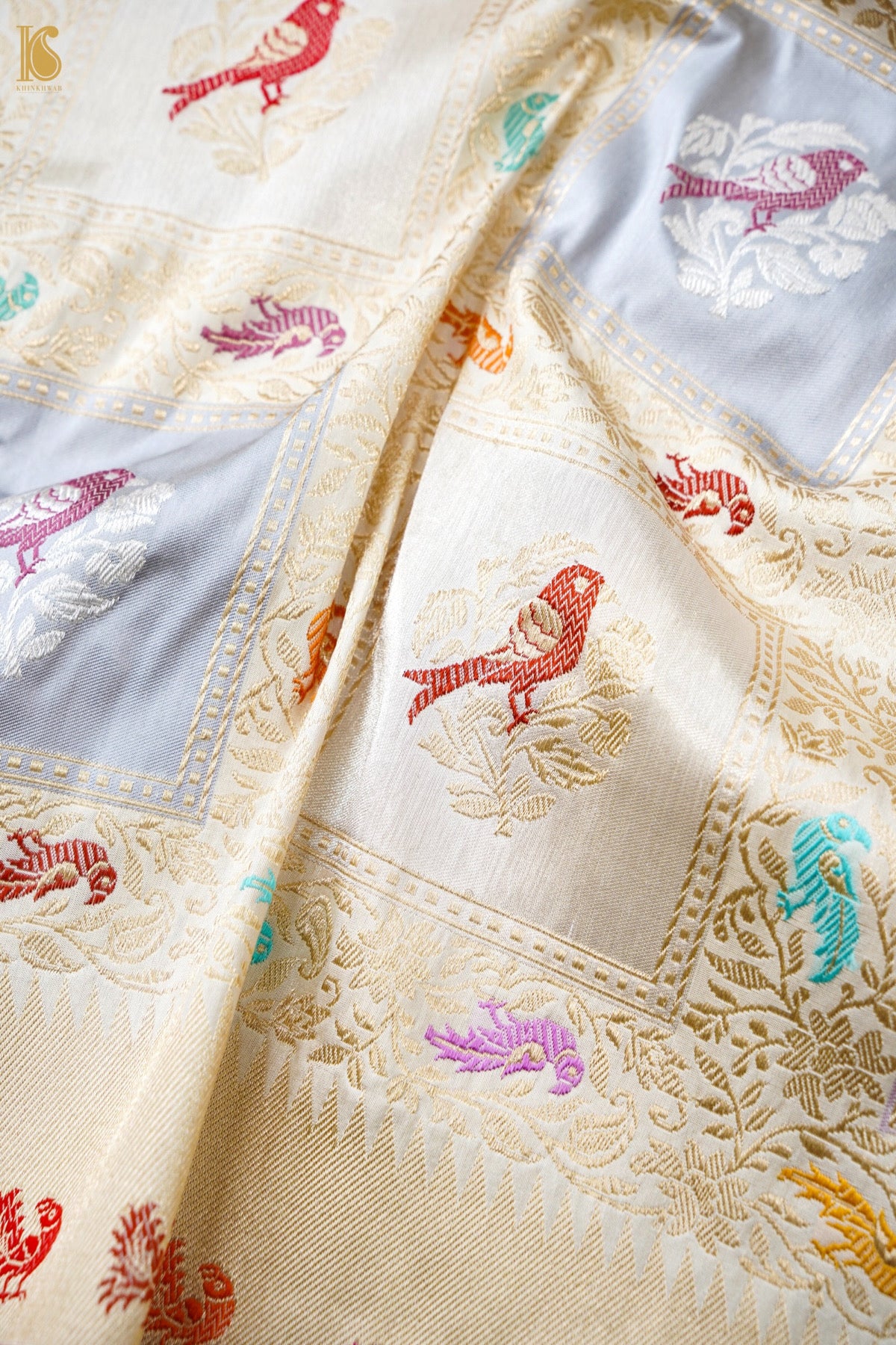 Pure Katan Silk Rangkat Meenakari Parrot Buti Banarasi Saree in Lilac Ivory