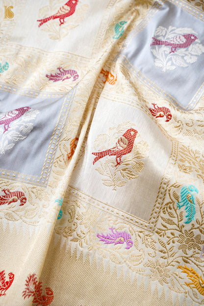 Pure Katan Silk Rangkat Meenakari Parrot Buti Banarasi Saree in Lilac Ivory