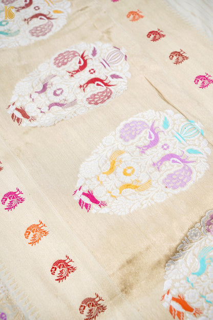 Pure Katan Silk Rangkat Meenakari Parrot Buti Banarasi Saree in Lilac Ivory