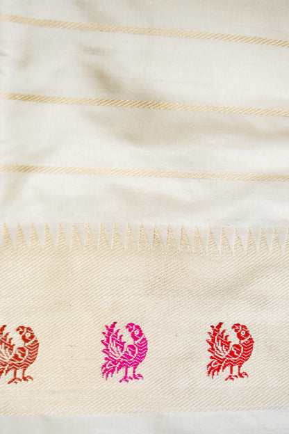 Pure Katan Silk Rangkat Meenakari Parrot Buti Banarasi Saree in Lilac Ivory