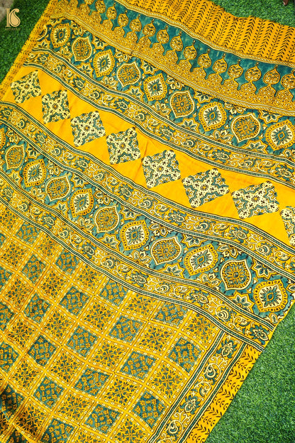Modal Silk Ajrakh Hand Block Charkhana Banarasi Saree in Mustard Teal