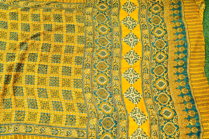 Modal Silk Ajrakh Hand Block Charkhana Banarasi Saree in Mustard Teal