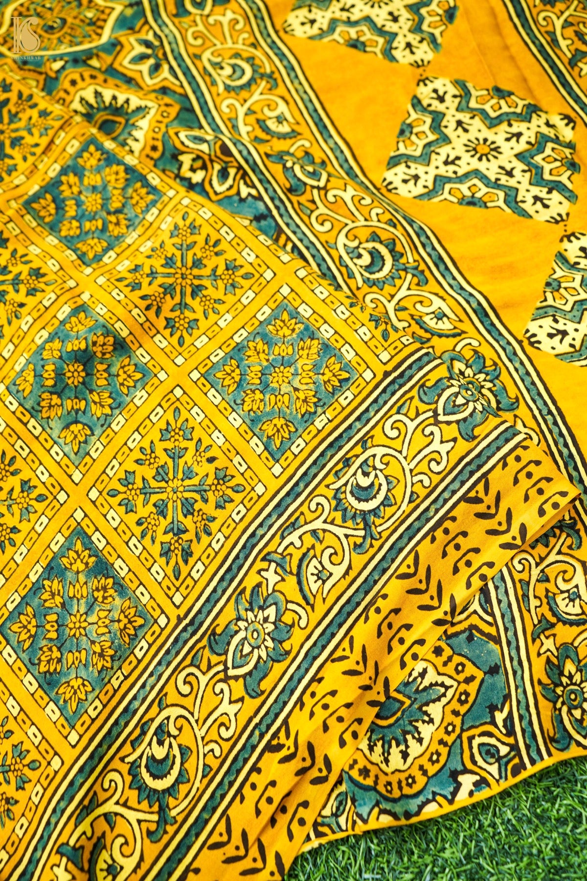 Modal Silk Ajrakh Hand Block Charkhana Banarasi Saree in Mustard Teal