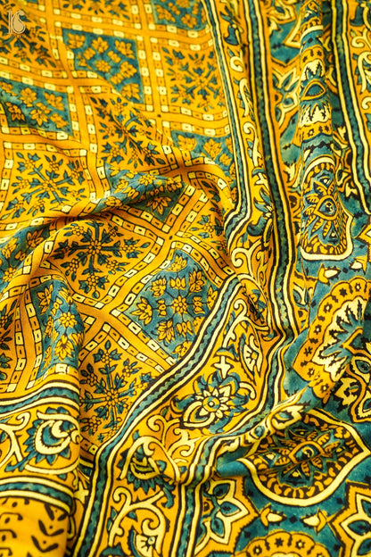 Modal Silk Ajrakh Hand Block Charkhana Banarasi Saree in Mustard Teal