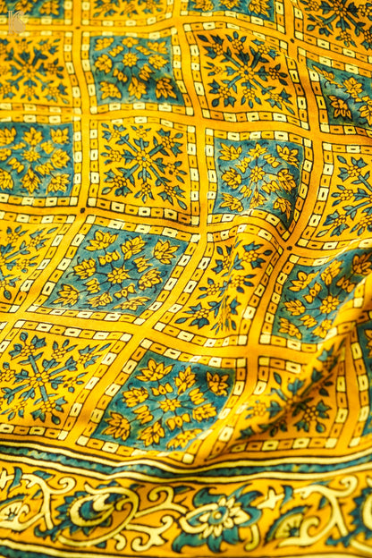 Modal Silk Ajrakh Hand Block Charkhana Banarasi Saree in Mustard Teal