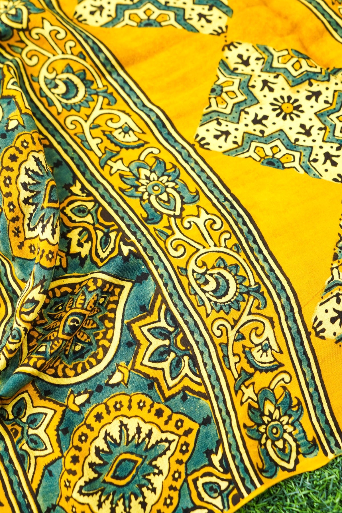 Modal Silk Ajrakh Hand Block Charkhana Banarasi Saree in Mustard Teal