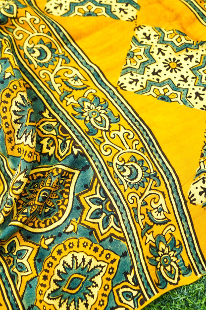Modal Silk Ajrakh Hand Block Charkhana Banarasi Saree in Mustard Teal