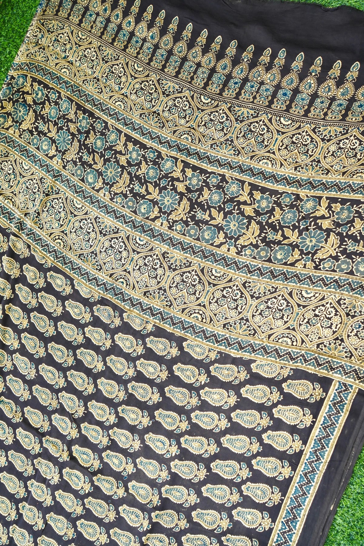 Modal Silk Ajrakh Hand Block Kalgha Buti Saree in Black