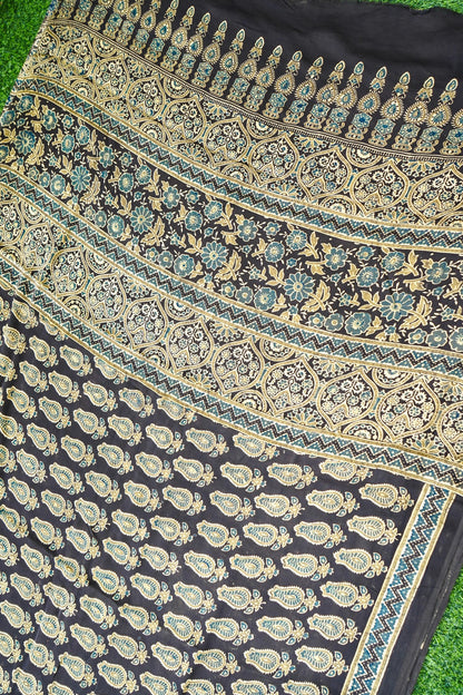 Modal Silk Ajrakh Hand Block Kalgha Buti Saree in Black