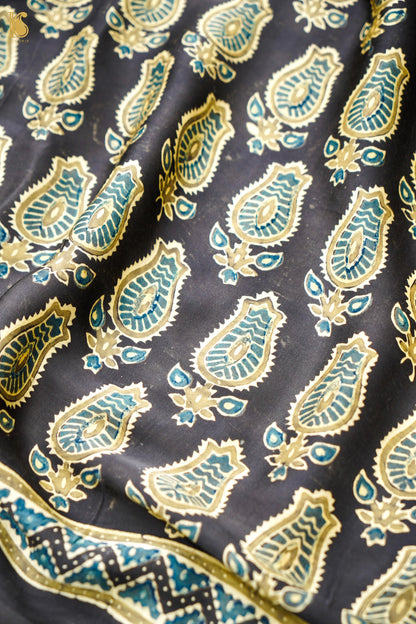 Modal Silk Ajrakh Hand Block Kalgha Buti Saree in Black