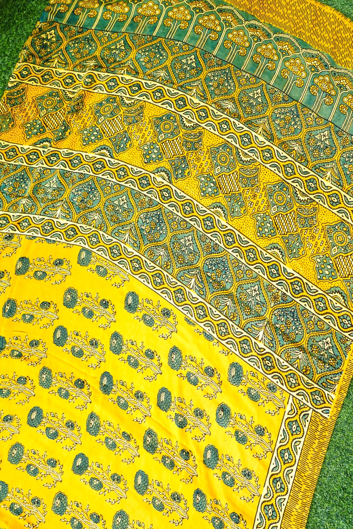 Modal Silk Ajrakh Hand Block Floral Buti Saree in Mustard Yellow