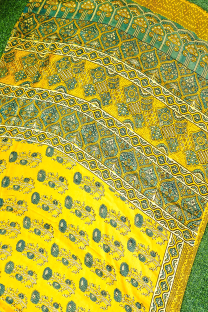 Modal Silk Ajrakh Hand Block Floral Buti Saree in Mustard Yellow