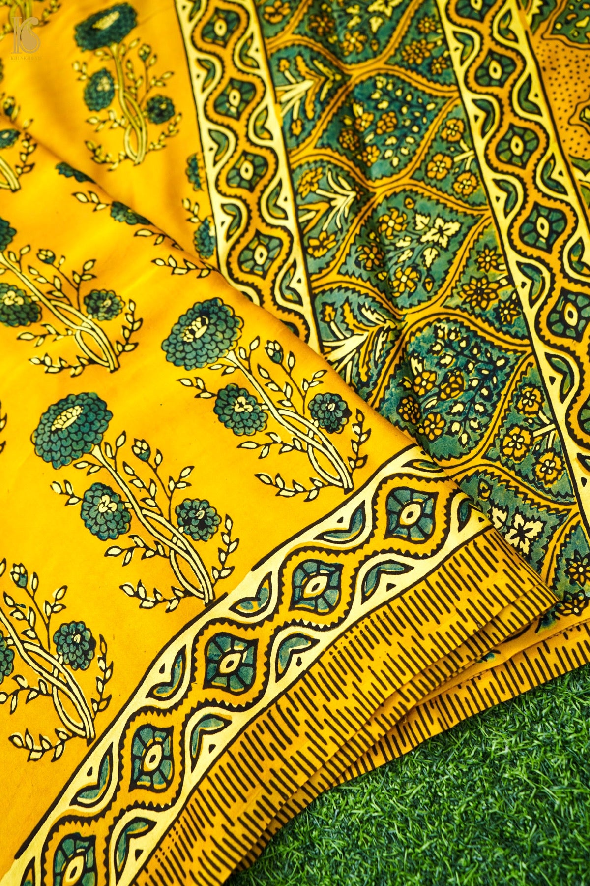 Modal Silk Ajrakh Hand Block Floral Buti Saree in Mustard Yellow