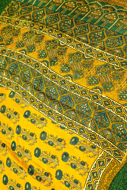 Modal Silk Ajrakh Hand Block Floral Buti Saree in Mustard Yellow