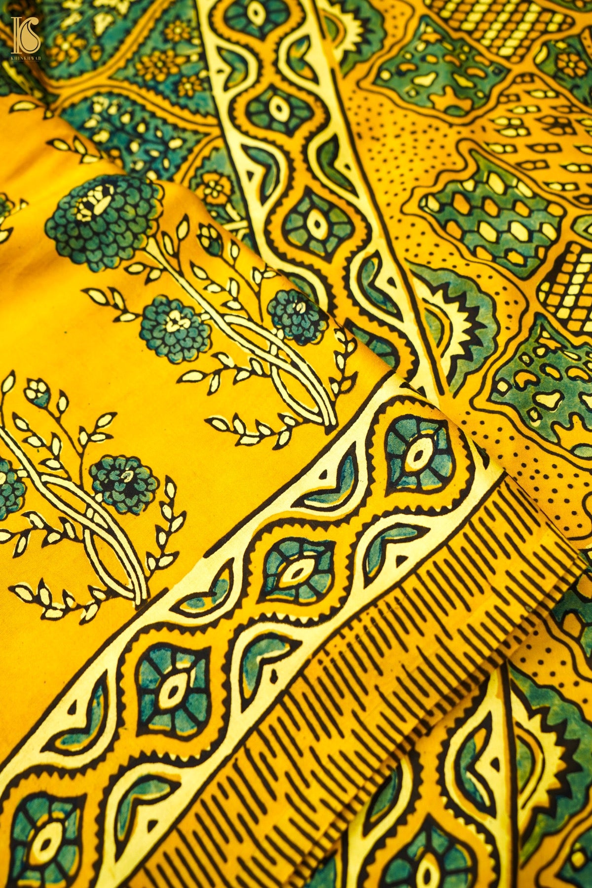 Modal Silk Ajrakh Hand Block Floral Buti Saree in Mustard Yellow