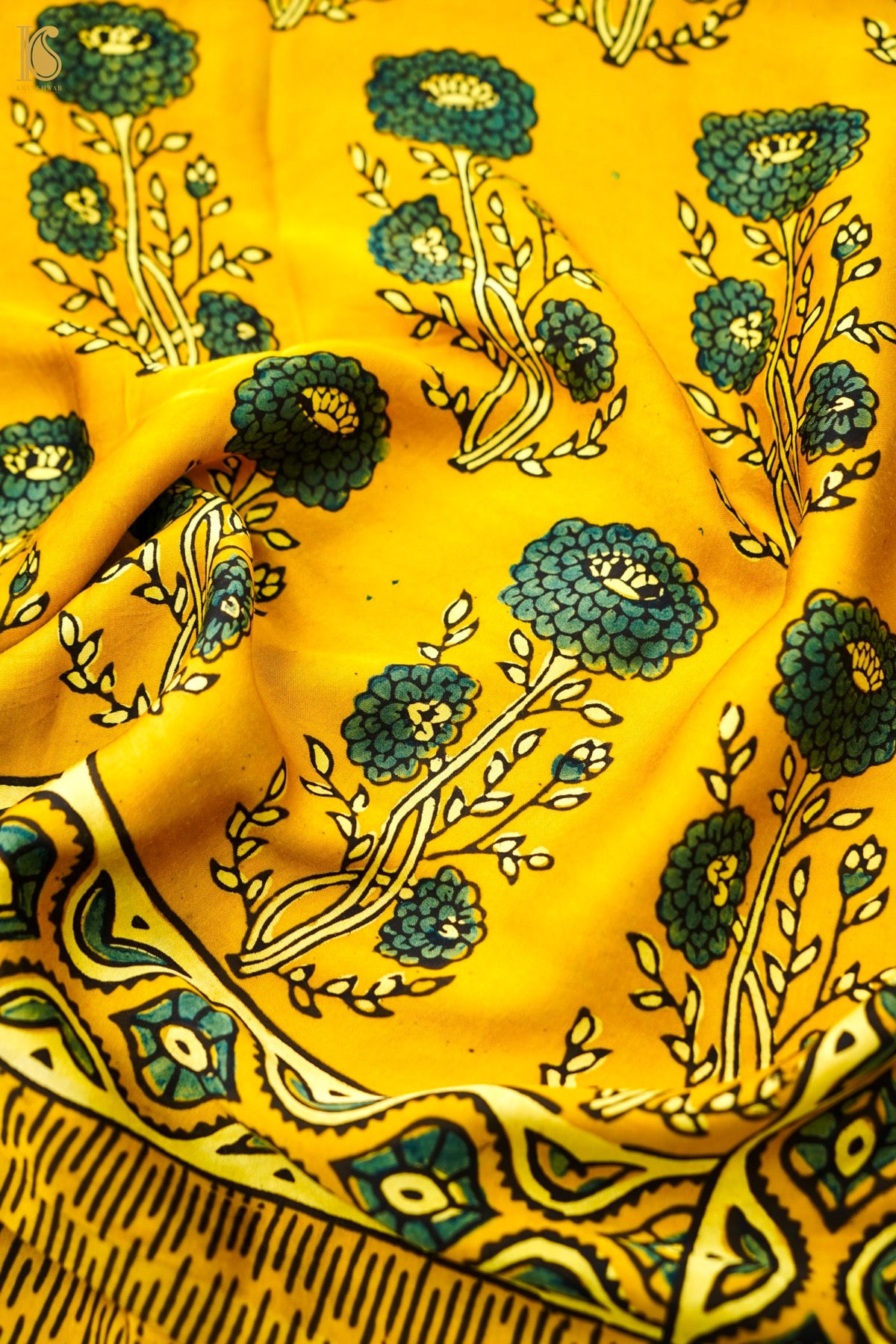 Modal Silk Ajrakh Hand Block Floral Buti Saree in Mustard Yellow