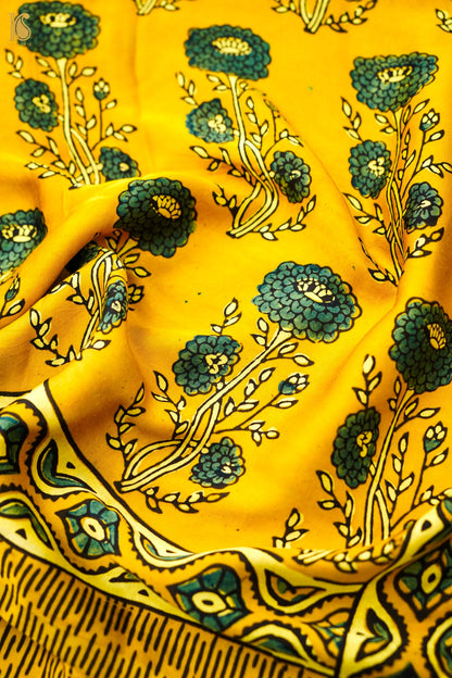 Modal Silk Ajrakh Hand Block Floral Buti Saree in Mustard Yellow
