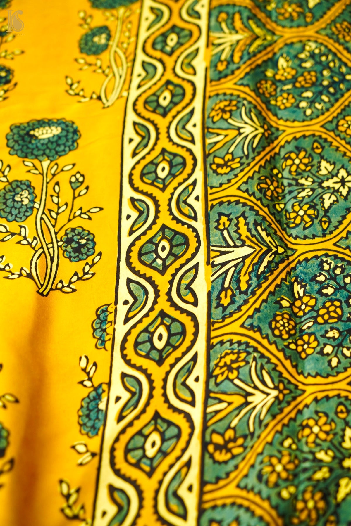 Modal Silk Ajrakh Hand Block Floral Buti Saree in Mustard Yellow