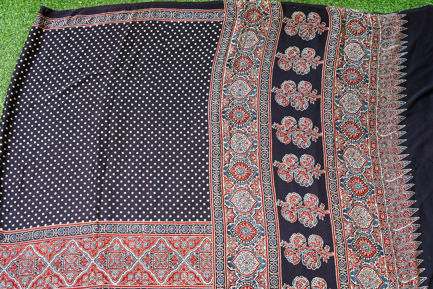 Modal Silk Ajrakh Hand Block Fardi Buti Banarasi Saree in Black