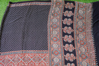 Modal Silk Ajrakh Hand Block Fardi Buti Banarasi Saree in Black