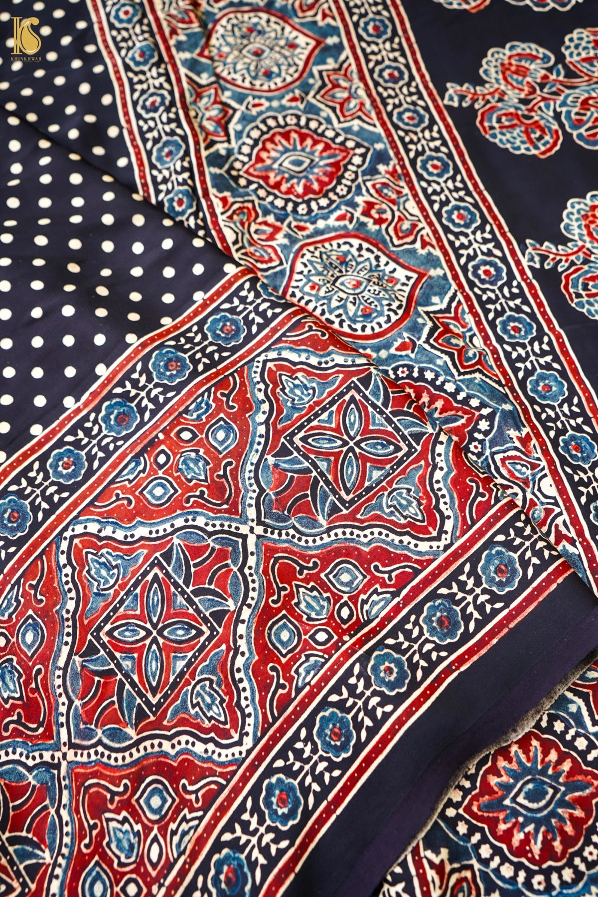 Modal Silk Ajrakh Hand Block Fardi Buti Banarasi Saree in Black