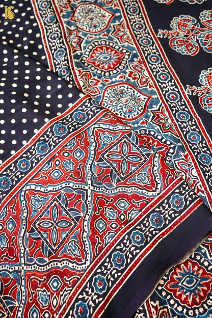 Modal Silk Ajrakh Hand Block Fardi Buti Banarasi Saree in Black