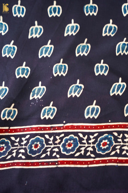 Modal Silk Ajrakh Hand Block Fardi Buti Banarasi Saree in Black