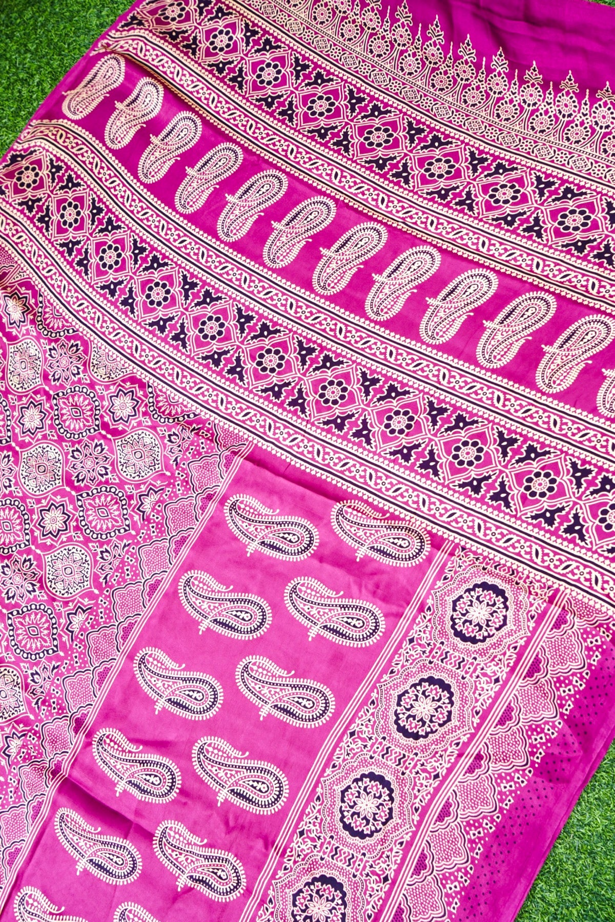 Modal Silk Ajrakh Hand Block Kalgha Saree in Hot Pink